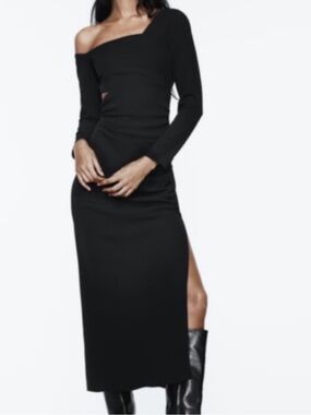 Zara Black Asymmetric Midi Dress with Side Slit